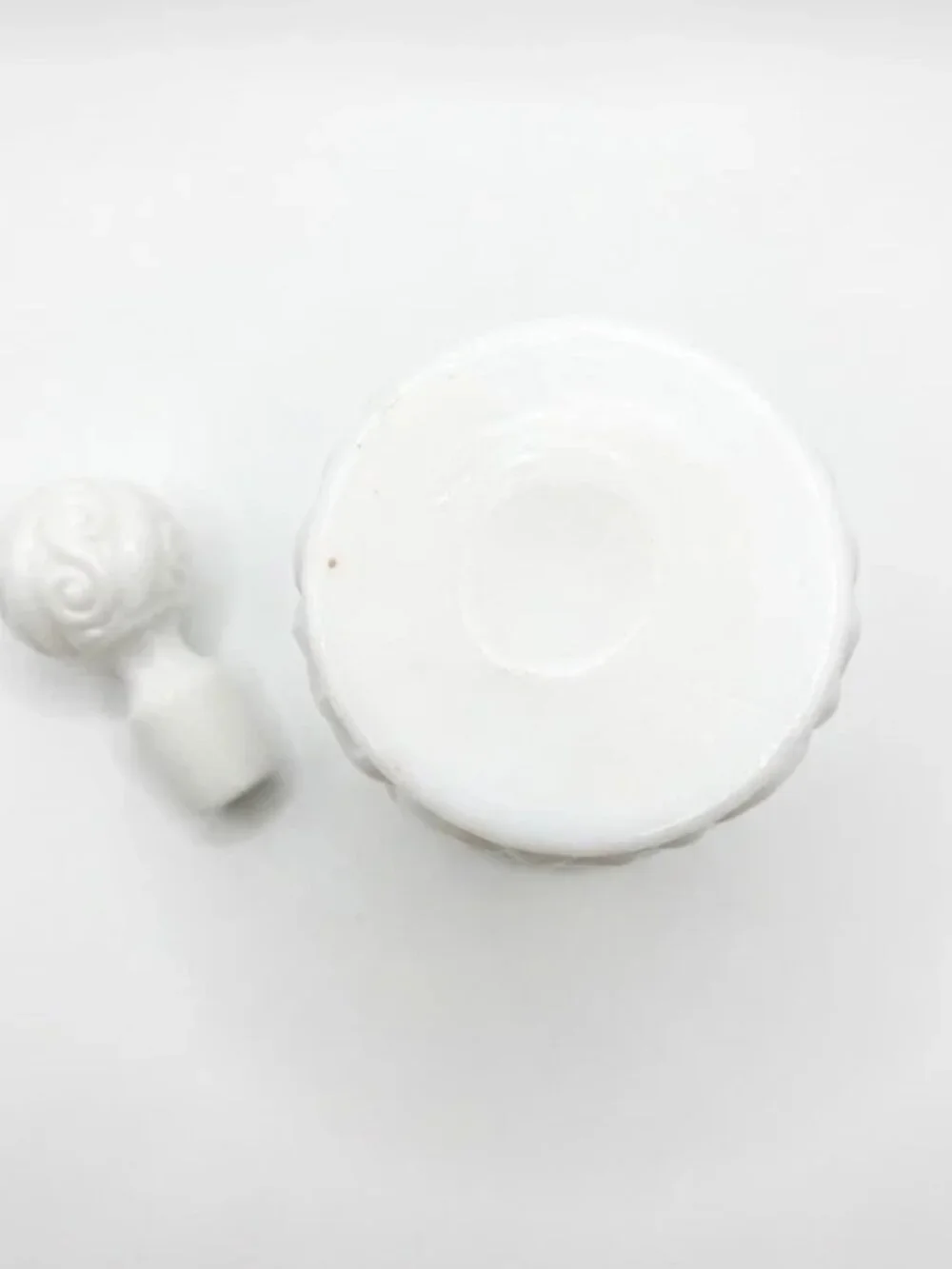 Vintage White Milk Glass Decanter Bottle Stopper Raised Scroll Design 7.25